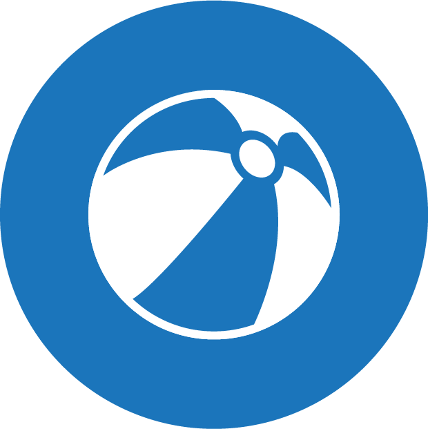 White beach ball icon on blue circle