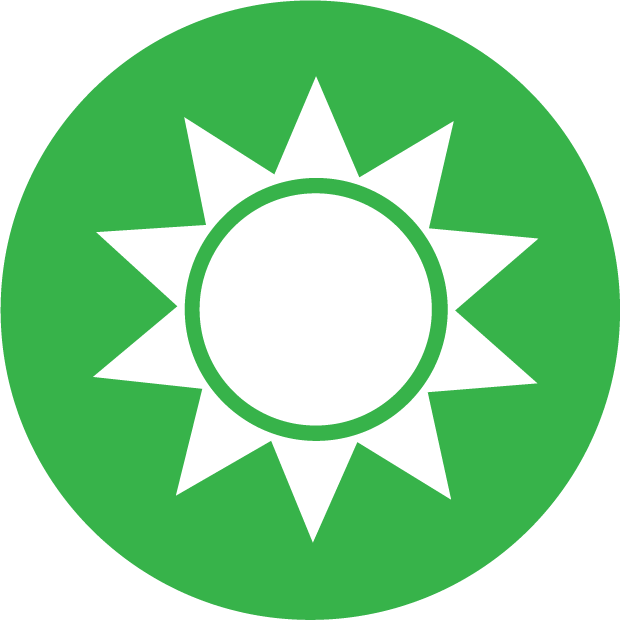 White sun icon on green circle