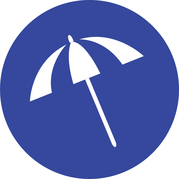 White umbrella icon on dark blue circle